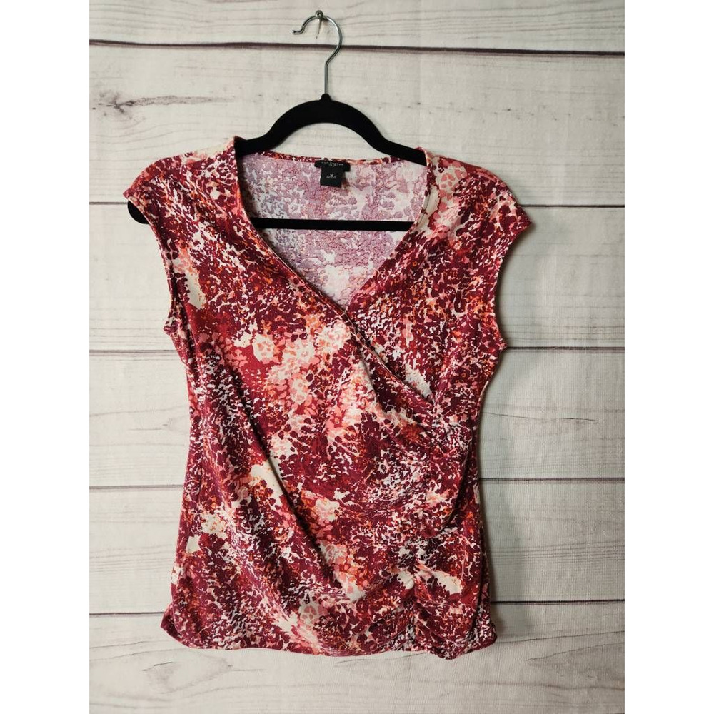 Ann Taylor Red Pink Floral Wrap-Style Cap Sleeve Blouse